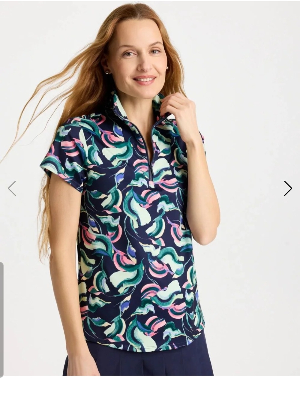 Zynergy Abstract-Print Half-Zip Short Sleeve Polo - Navy Multicolor Size Large